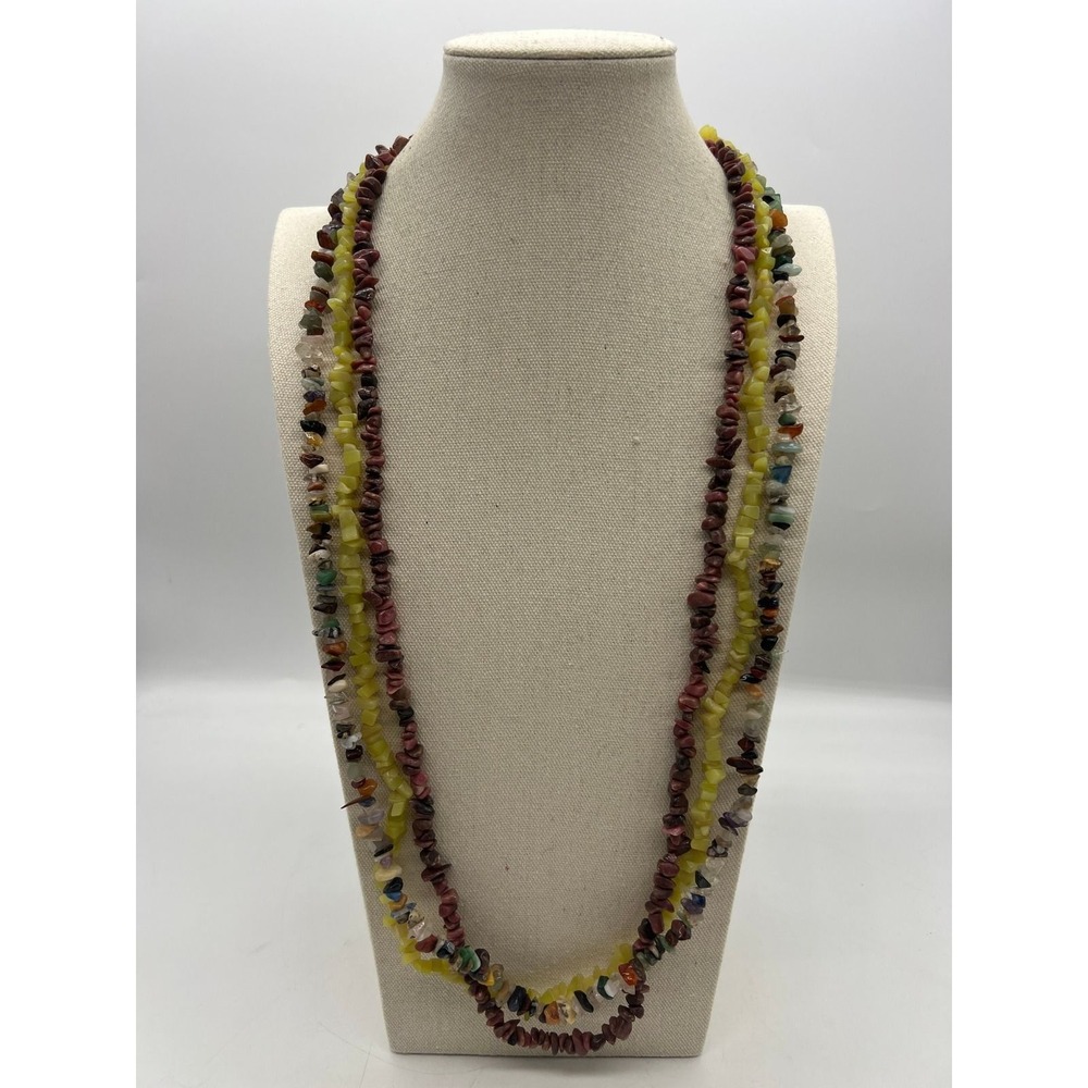 Multi Strand‎ Gemstone Chip Necklace Boho Earthy Eclectic Pink Green Mixed Stone